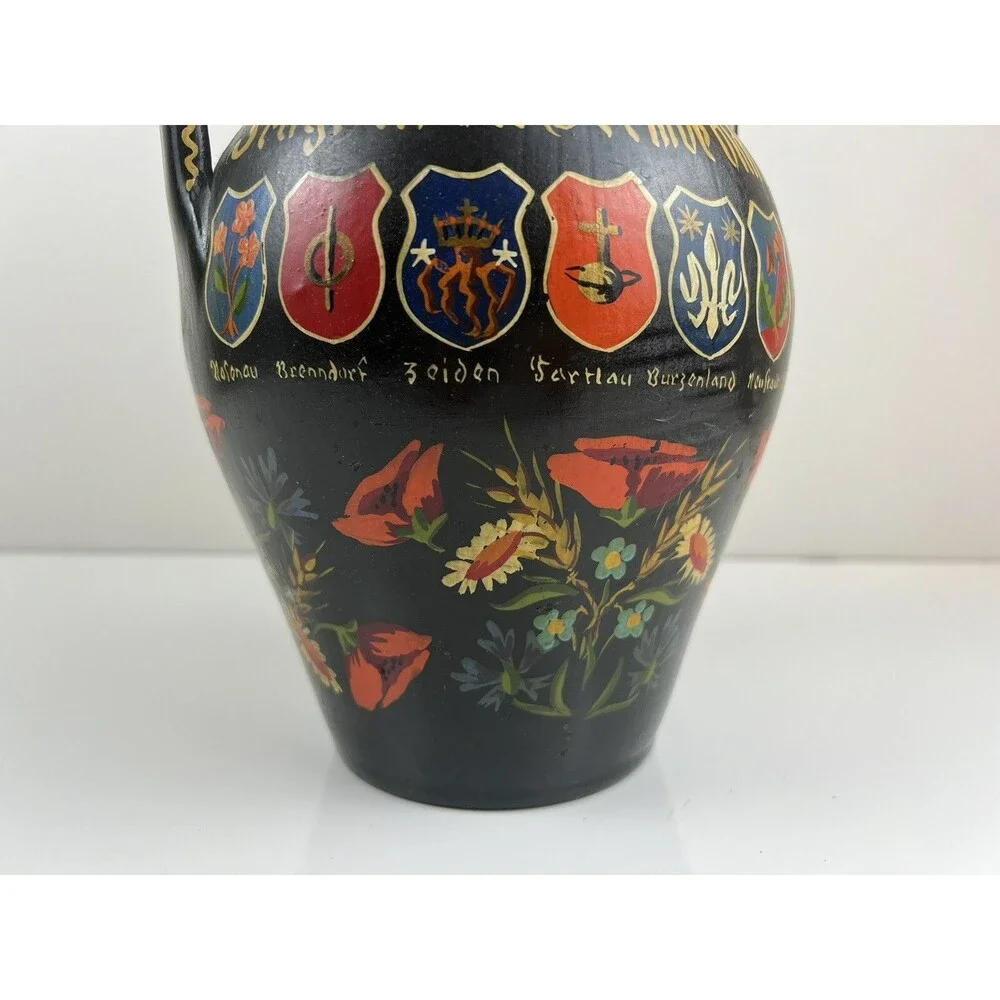 Vintage Double Handled Black Pottery Vase Made In Germany Handpainted Vase